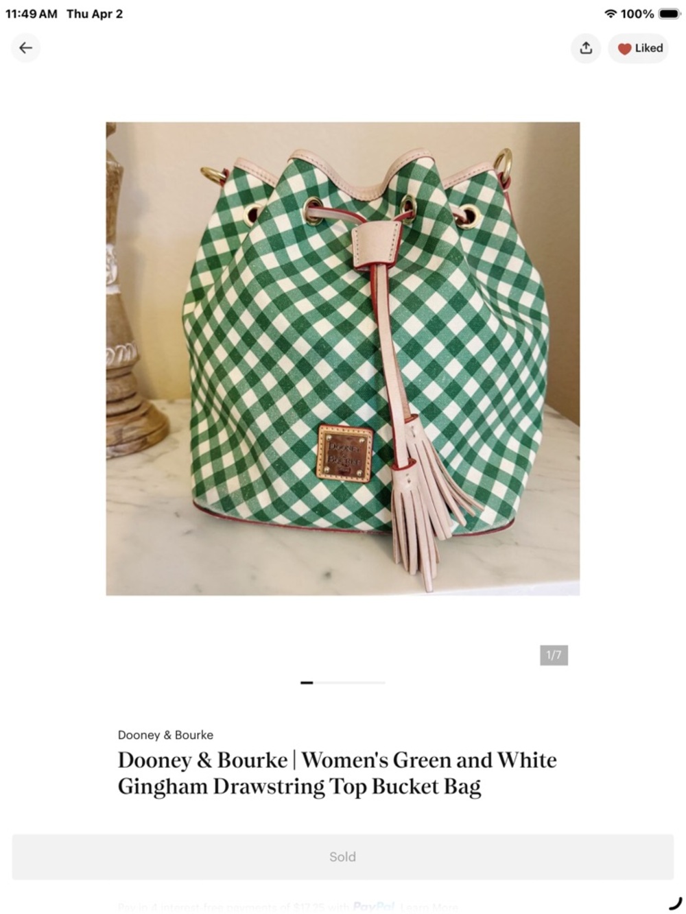 Dooney & Bourke | Women's Green and White Gingham Drawstring Top Bucket Bag